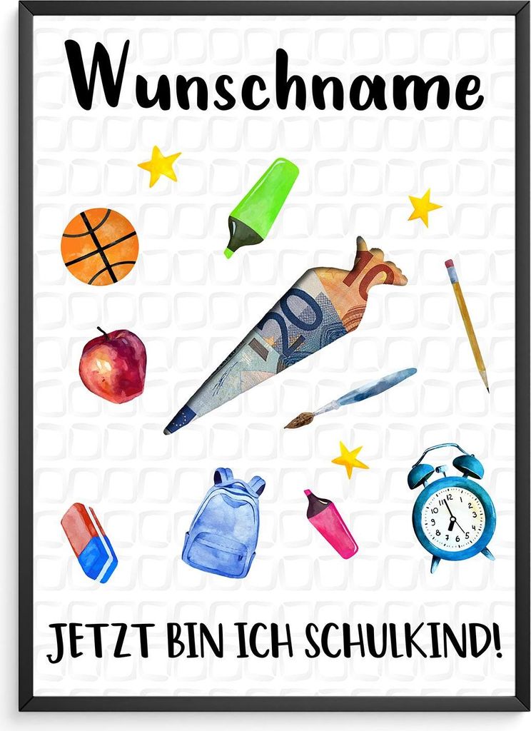 Personalisiertes Geschenk zur Einschulung Geldgeschenk Schulanfang Schultüte – DIN A4 + Rahmen schwarz