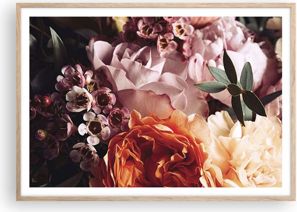 Gerahmtes Poster - Rahmen in heller Eiche - Blumen Getreide Rosen - 100x70 cm - Wand Bild - Wanddeko - Wandbilder - Kunstposter - Wandposter - Bild...