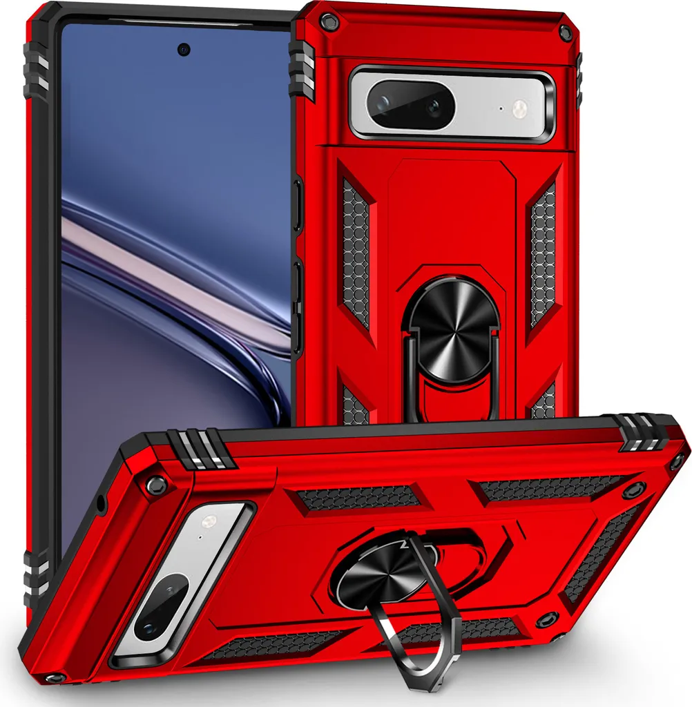 Cover Google Pixel 7A Robusta con Anello: Protezione Militare e Stand Rosso