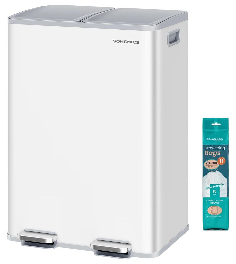 Küchen Mülleimer - Doppel-Pedal Abfalleimer 2x30 l - Soft-Close Deckel - Zwei Fächer Recycling - Stahl - Weiß