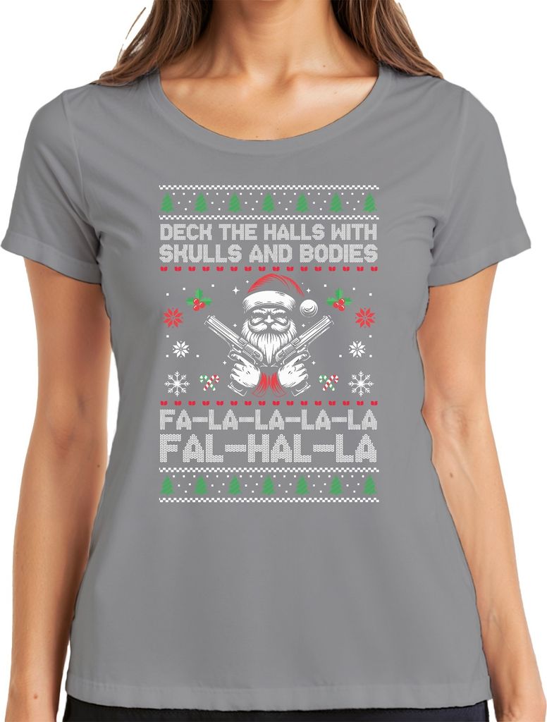 Falhalla Totenkopf Santa Ugly Sweater - Weihnachten Weihnachtsgeschenk Christmas Damen T-Shirt, Grau, M