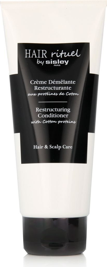 A white tube of hair conditioner with a black label.