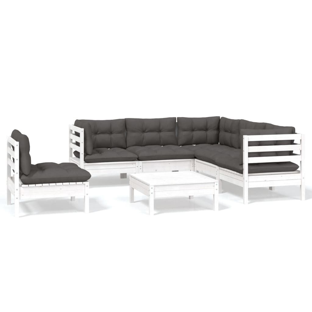 6-tlg. Garten-Lounge-Set mit Kissen Weiß Kiefernholz Produktbild 