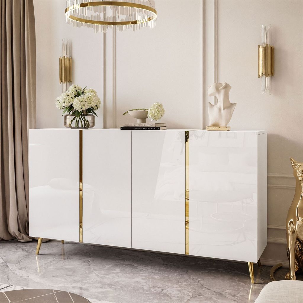 Weiß hochglanz Kommode auf goldenen Beinen ONYX 4D mit Push-to-Open 158 cm