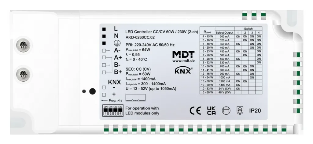 Contrôleur LED CC/CV 60W MDT AKD-0260CC.02 pour éclairage dimmable