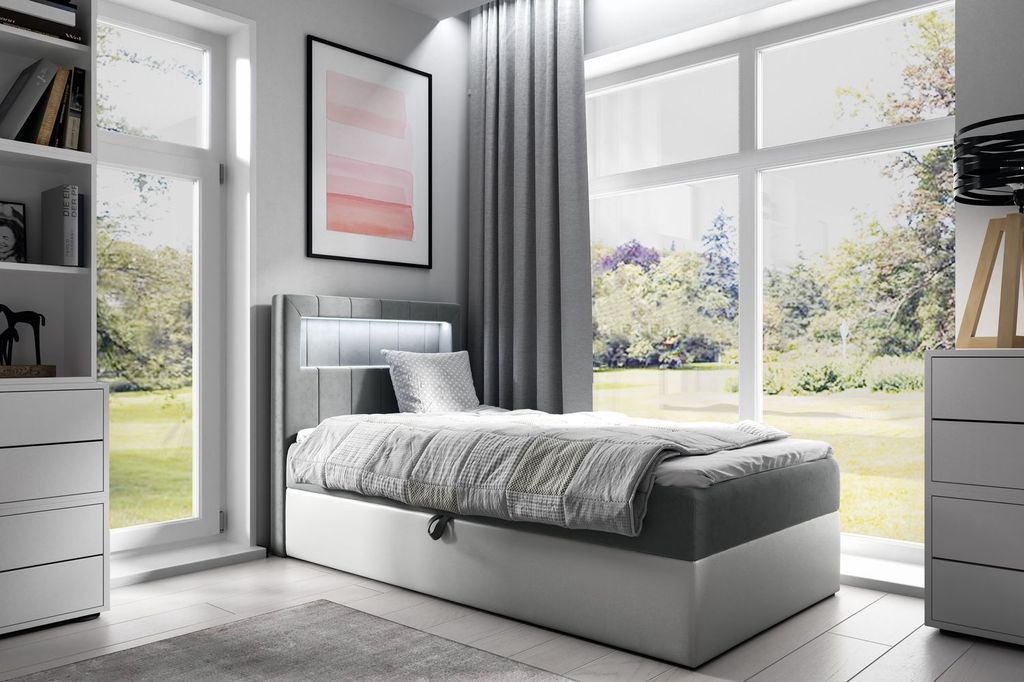 Einzelbett 90x200 KISHA 1 – grau/weiß, Öffnung rechts + GRATIS Matratzenauflage