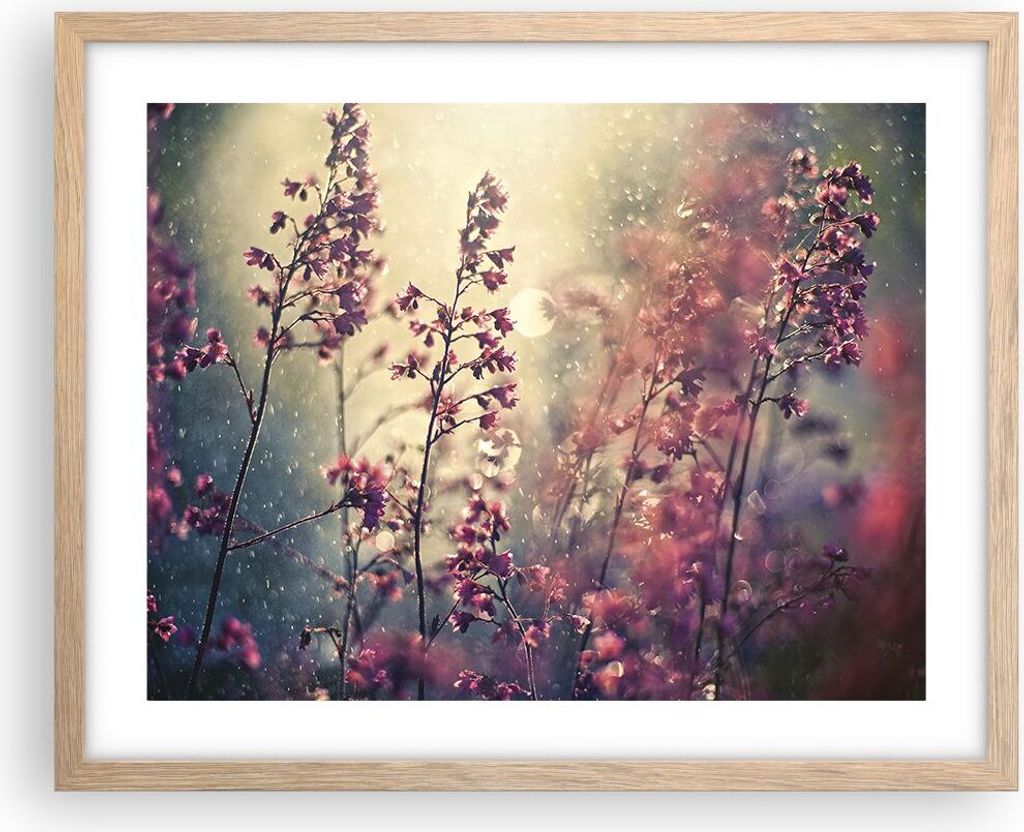 Gerahmtes Poster - Rahmen in heller Eiche - Blumen Regen Licht - 50x40 cm - Wand Bild - Wanddeko - Wandbilder - Wandposter - Bilderrahmen - Bilder ...