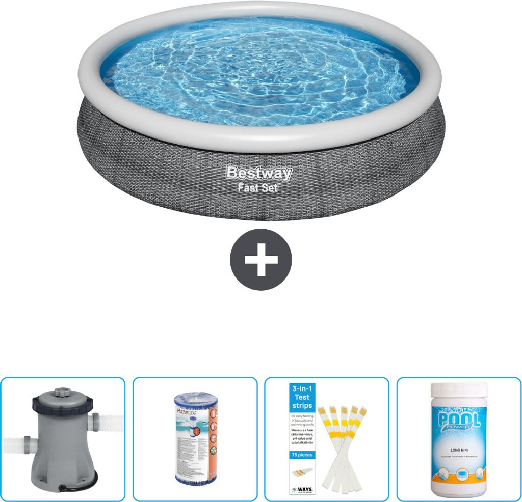 Bestway runder aufblasbarer Fast-Set-Pool – Rattan-Druck – 366 x 76 cm – inklusive Pumpe Filter - Teststreifen - Chlor