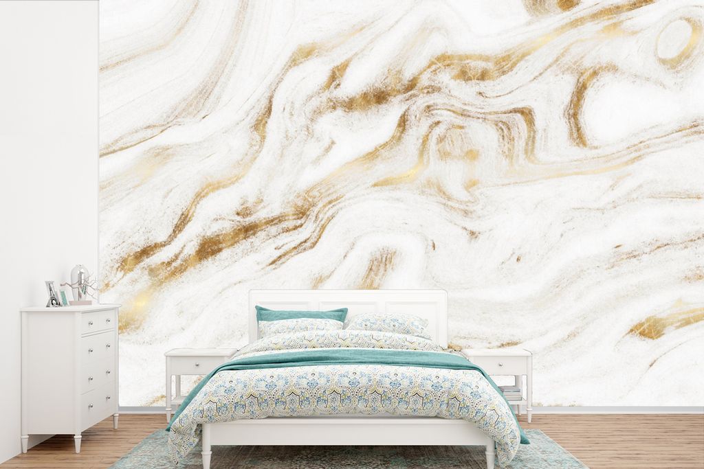 MuchoWow Fototapete für Wohnzimmer oder Schlafzimmer Wandtapete Vinyl Motivtapete Marmor - Gold - Weiß - 330x220 cm - Fototapeten