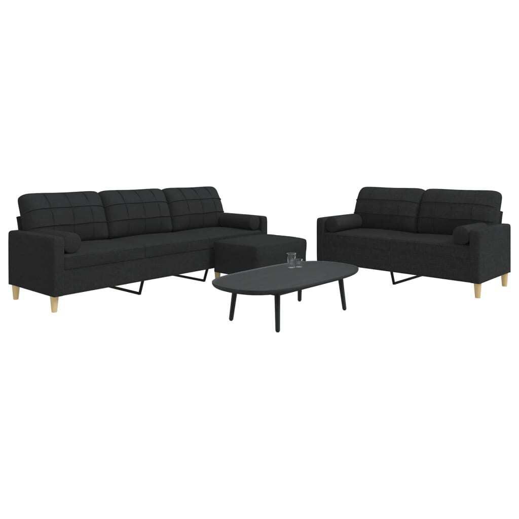 "im Angebot" 3-tlg. Sofagarnitur - Sofa-Set - Couchgarnitur - mit Fußhocker & Dekokissen Schwarz Stoff - Klassische Sofas CC10877