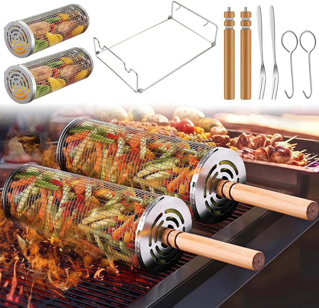 2 Stück Rolling Grillkorb Set, Zylindrischer Grillkorb Edelstahl, tragbares Grillzubehör zum Kochen von Fleisch, Gemüse im Freien oder beim Camping
