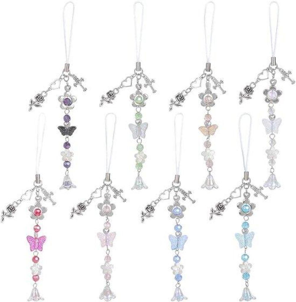 Handgefertigte Vlinder und Blumen-Charms - Set aus 8 Stücken - Leichter Hängeanhänger für das Handy - Acryl und Metall - Für DIY - Lanyard fü...