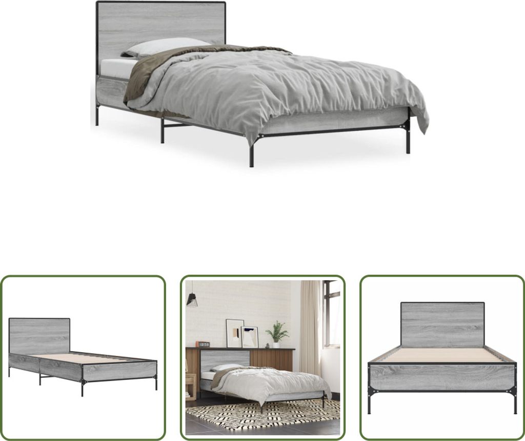 The Living Store Bettgestell Grau Sonoma 75x190 cm Holzwerkstoff und Metall