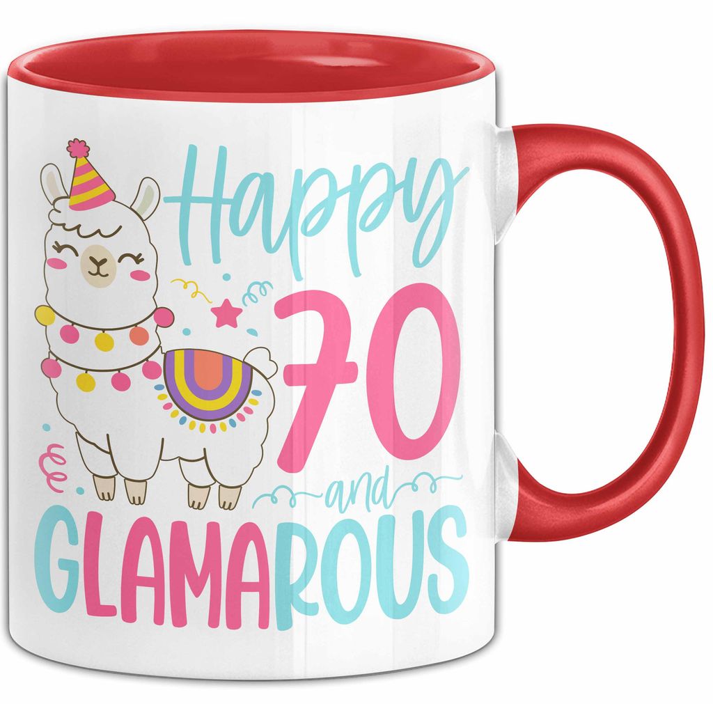 70er Geburtstag Tasse Geschenk Happy 70 And Glamarous Llama Alpaka Liebhaber Geschenkidee zum Geburtstag (Rot)