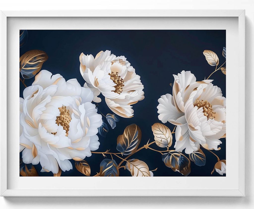 Schöne weiße Blumen im Glamour-Stil– Wandbild mit Rahmen – Gerahmtes Bild – Wanddekoration – 80x60 cm – Weiß Rahmen