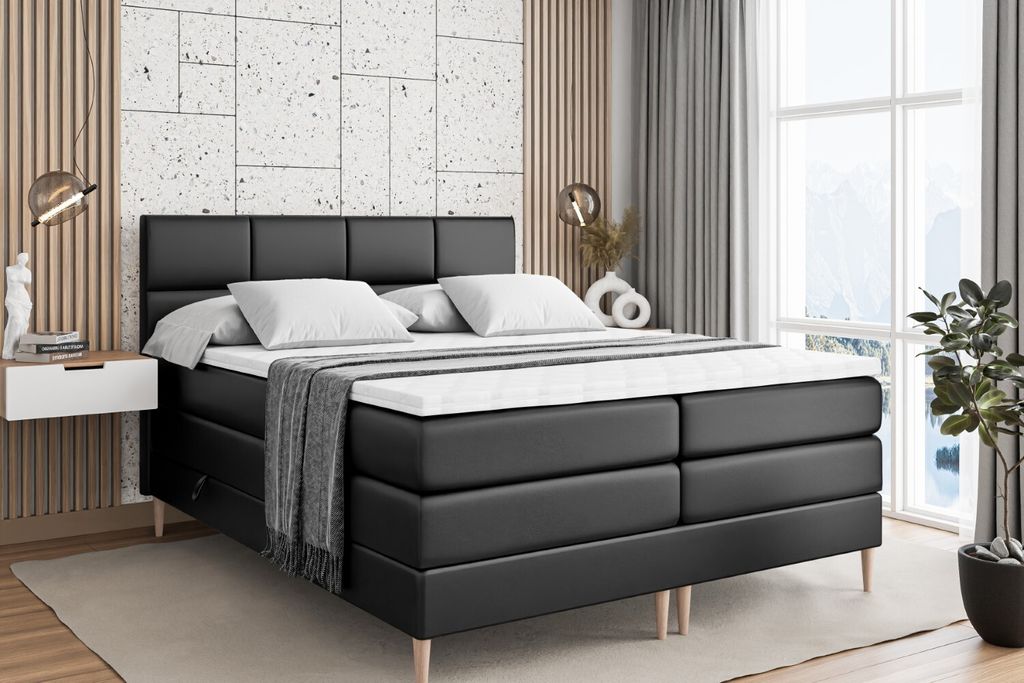 ALTDECOR Boxspringbett mit Holz Füßen, Matratze und Lattenrost, Topper, Polsterbett mit Bettkasten, Bett mit Stauraum H3- und H4- Matratze, Doppe...