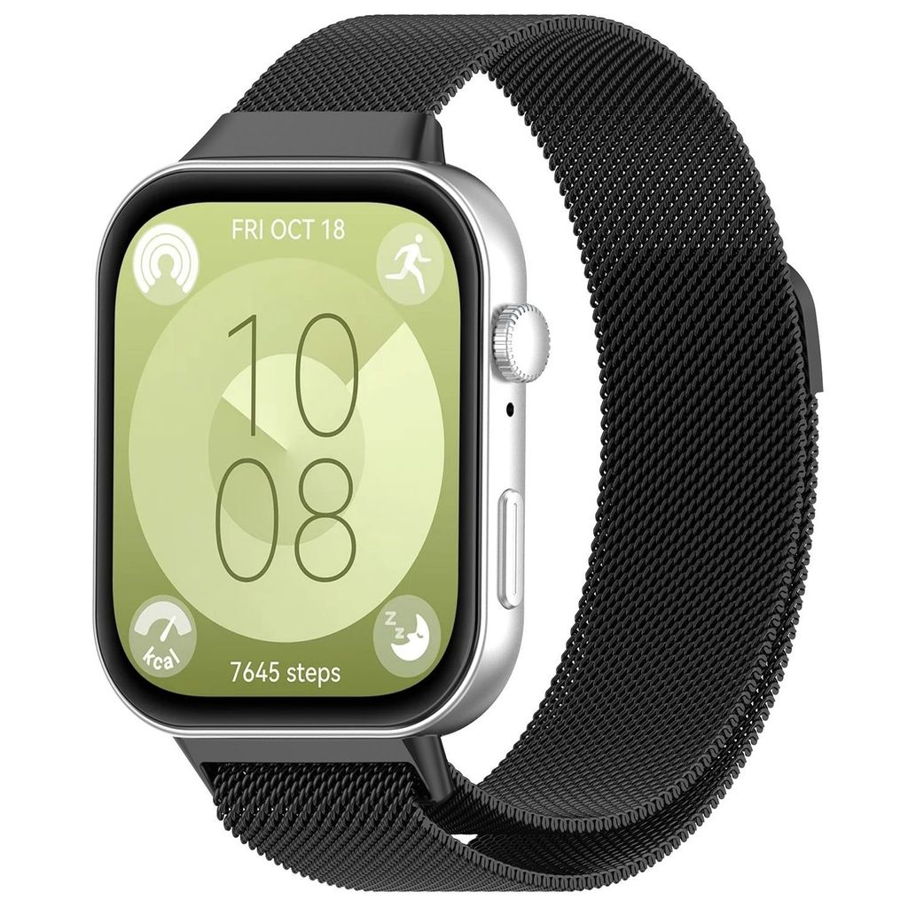 A smartwatch with a Milanese metal band is displayed against a white background.