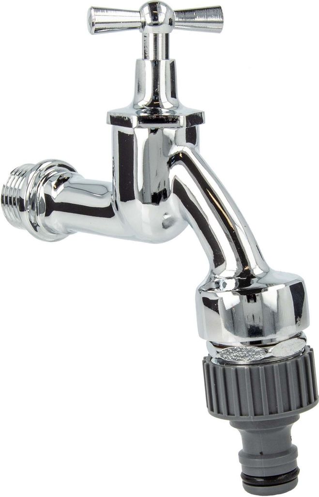 tecuro Auslaufventil 1/2 Zoll, Knebeloberteil, Rohrbelüfter DVGW, Steckkupplung, Dichtband - Messing hochglanzverchromt