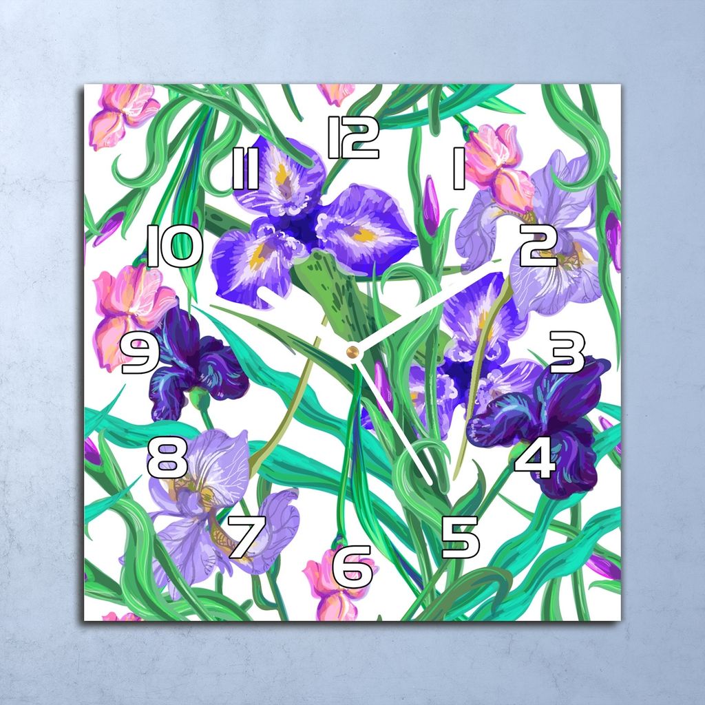 Deko Glasuhr Wanduhr 30x30 Lila Iris Blumen Quarz Küchenuhr Bürouhr