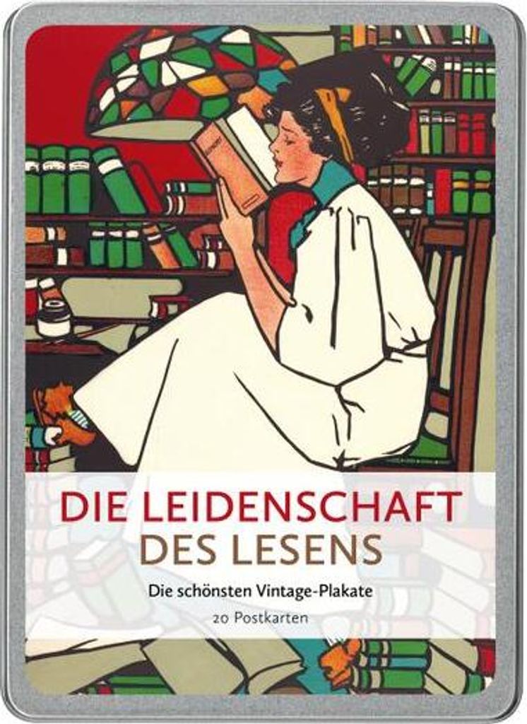 Postkarten-Set Die Leidenschaft des Lesens, 20 Motive, Apfelpapier, Vintage Kunst, in hochwertiger Blechdose