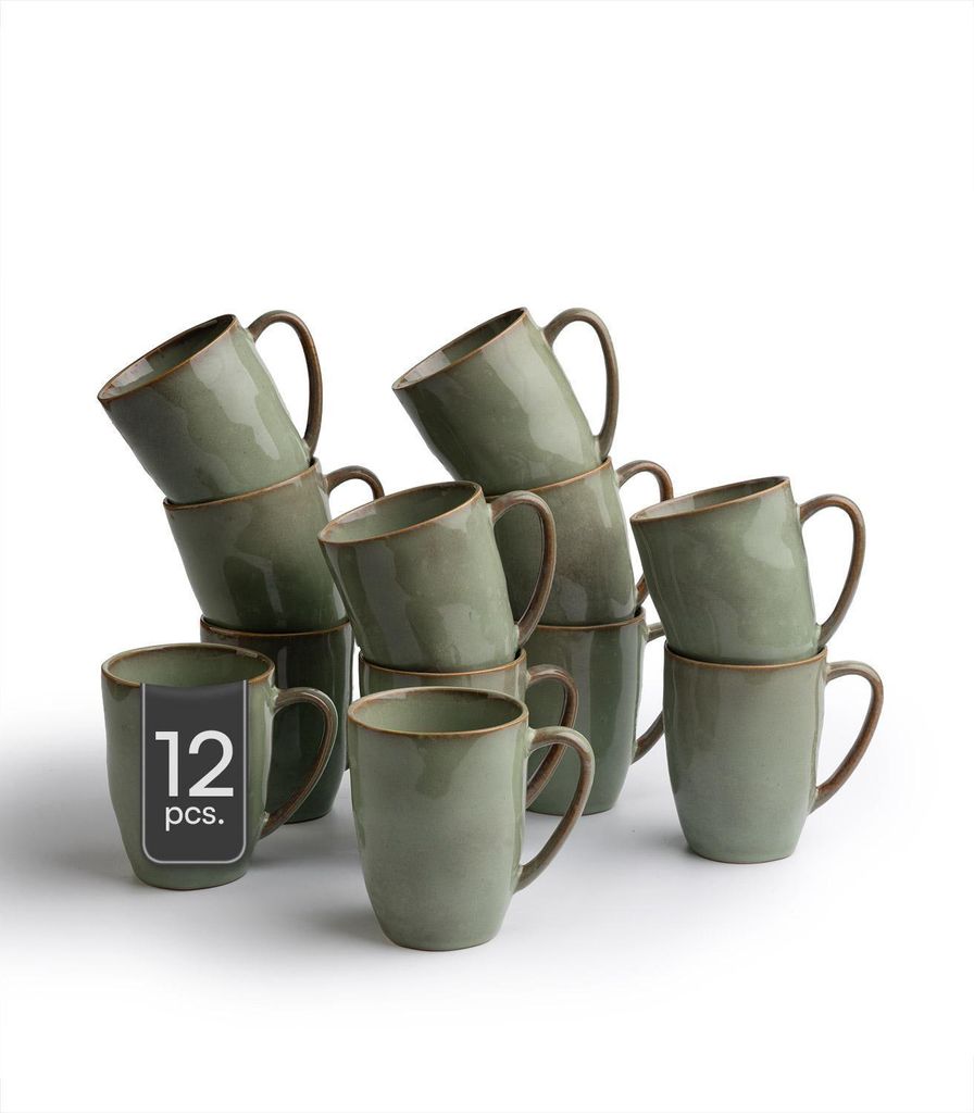 Kaffeetasse - 300 ml - Mintgrün - Braun - Steingut - mit Reaktivglasur - 12er Set