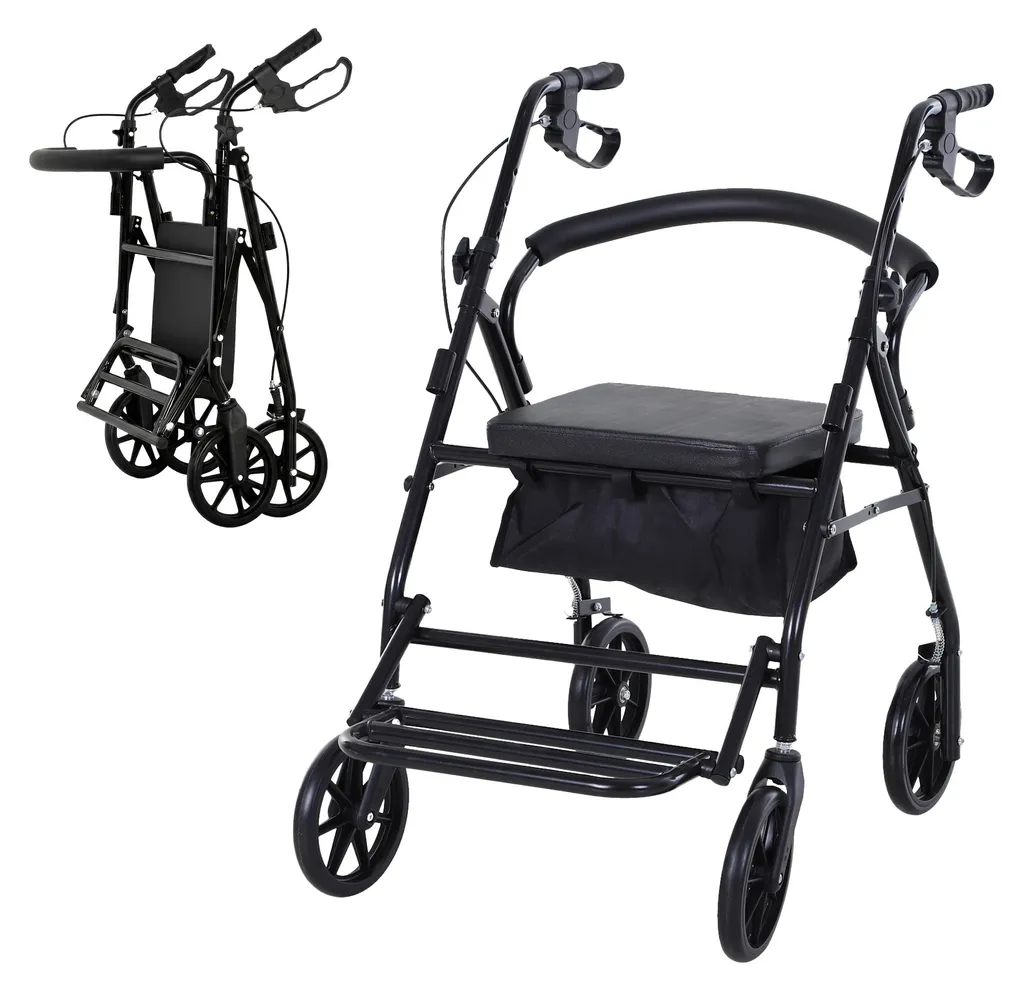Déambulateur de marche pliable pour seniors avec panier et siège noir