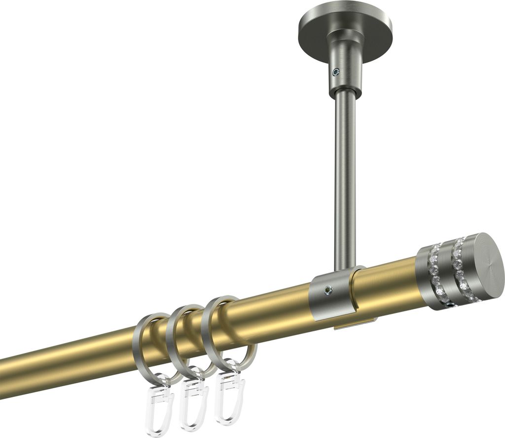 Interdeco Gardinenstange / Vorhangstange Messing-Optik / Edelstahl-Optik, Typ Sonette Estana (Glitzerkappe) Deckenmontage, 20 mm Ø 1-läufig, 240 cm