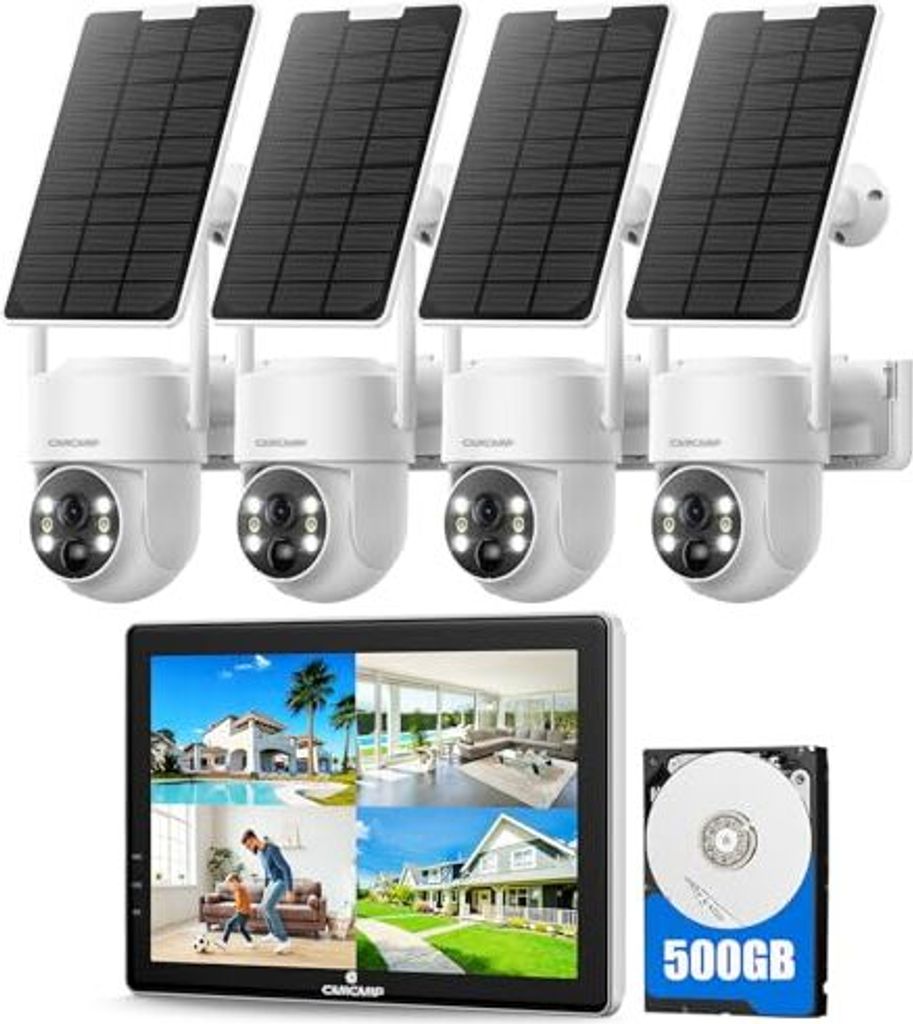Camcamp Solar Surveillance Camera Set 10 Zoll Monitor 500 GB Festplatte, 2K PTZ Outdoor WiFi, 10Ch NVR, HDMI -Ausgang, Farbnachtsieg, PIR -Bewegung