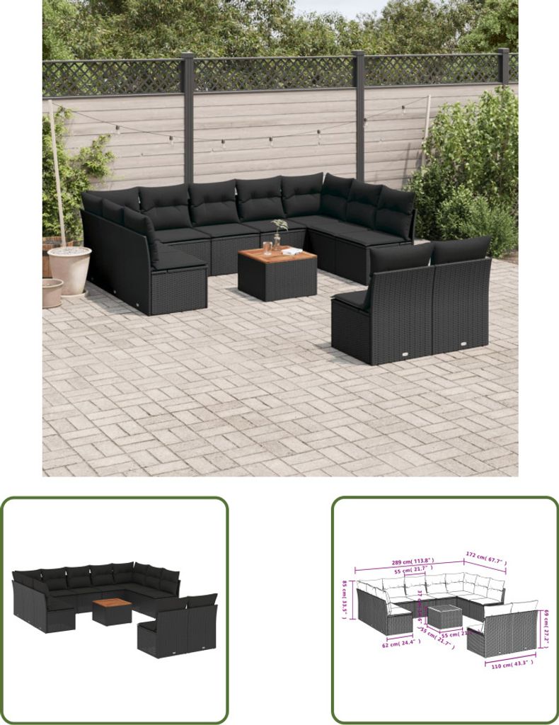 The Living Store 12-tlg. Garten-Sofagarnitur mit Kissen Schwarz Poly Rattan