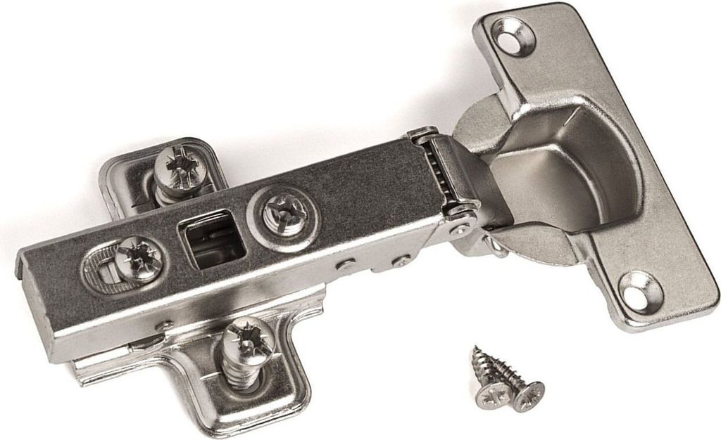 A metal cabinet hinge with screws on a white background.