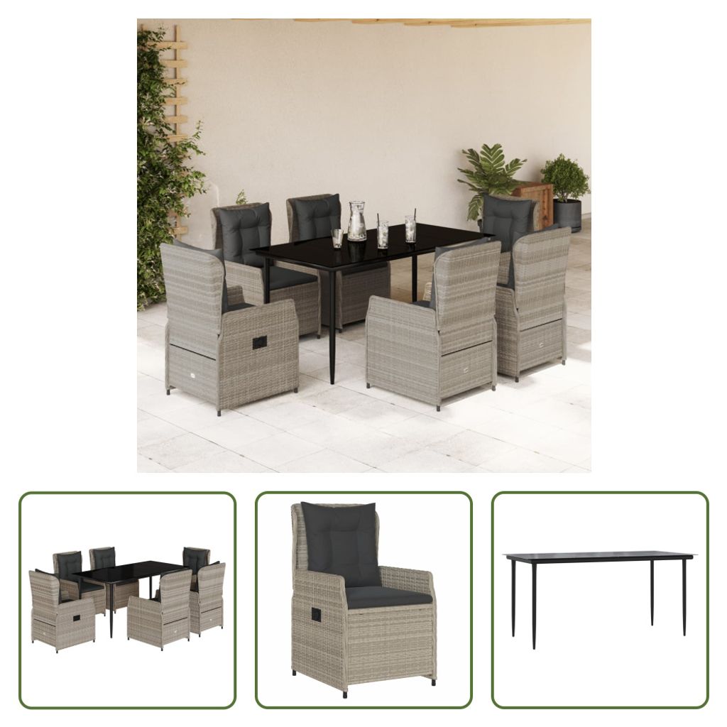 The Living Store 7-tlg. Garten-Essgruppe mit Kissen Hellgrau Poly Rattan