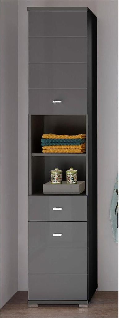 Hochschrank Badschrank Beistellschrank Bad Seitenschrank Badmöbel "Peter I" Anthrazit / Anthrazit tiefzieh Hochglanz