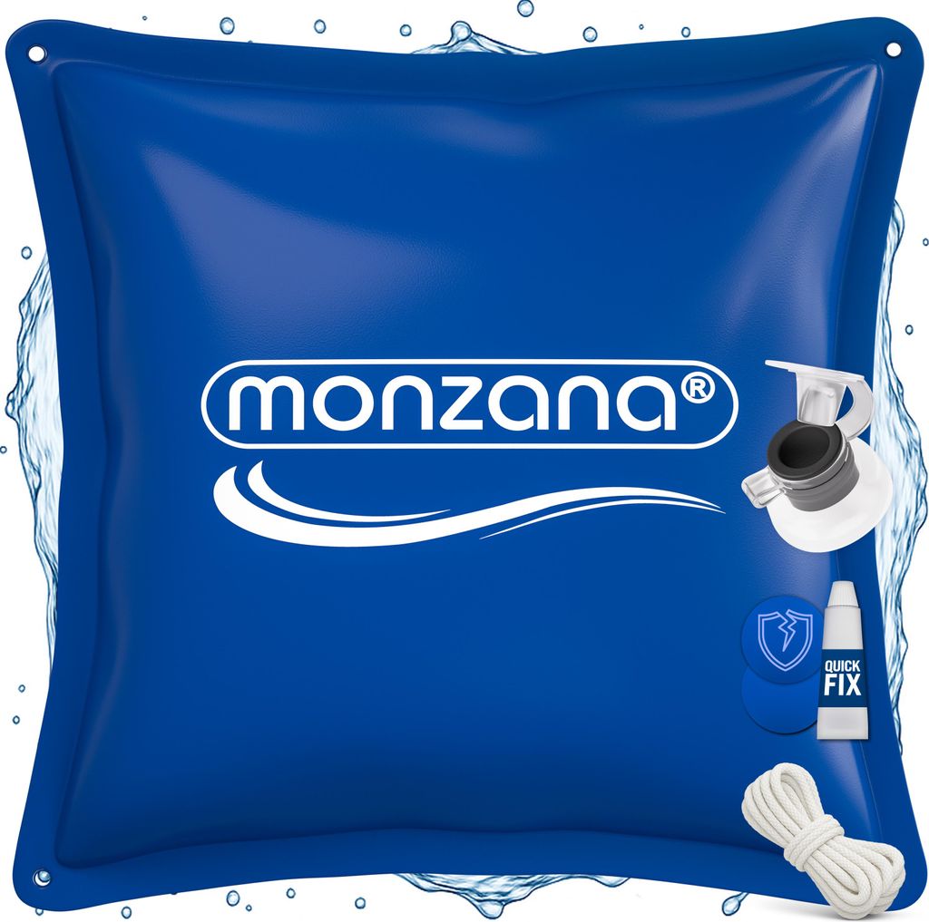 A blue inflatable pool cushion with a white logo and accessories.