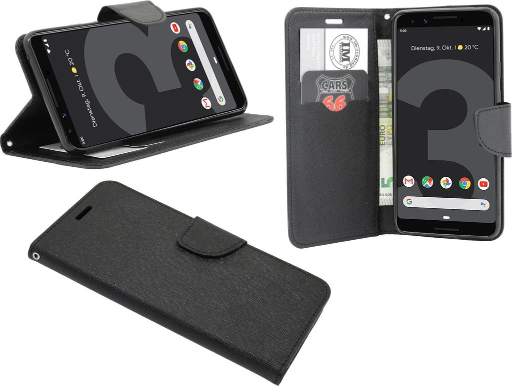 Elegante Buch-Tasche Hülle für das Google Pixel 3 XL in Schwarz Leder Optik Wallet Book-Style Cover Schale @cofi1453