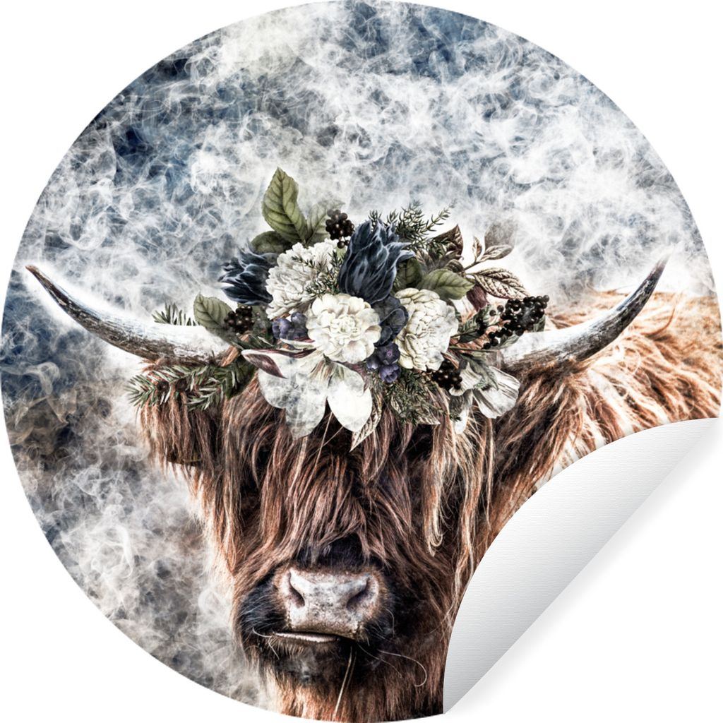 MuchoWow Runde Wandtattoo - Wandsticker Tapete Aufkleber Schottischer Highlander - Tiere - Blumen Ø 50 cm Selbstklebend und Repositionierbar - W...