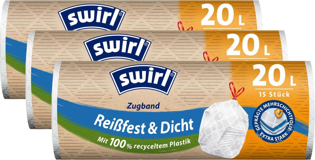 3x Swirl Zugband Müllbeutel 20L ( 15 stk./ Rolle )