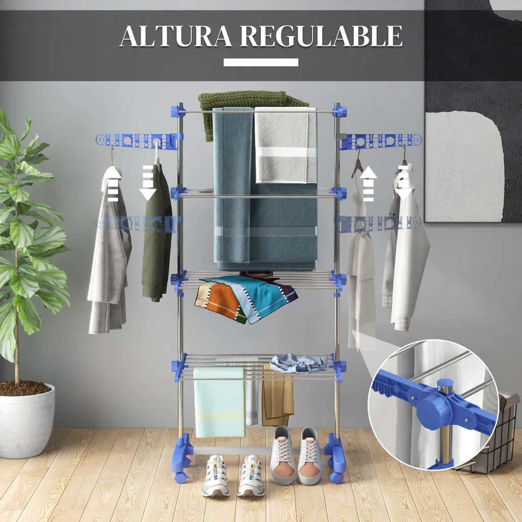 Étendoir à linge vertical 4 niveaux bleu ajustable pour grand séchage L