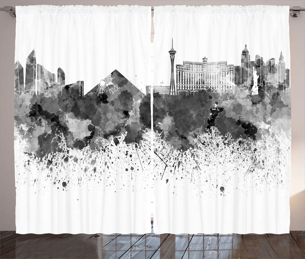 ABAKUHAUS Las Vegas Tenda rustica, skyline monocromatico di Las Vegas, tende universali per soggiorno con passanti e ganci, 280 x 245 cm, grigio antracite bianco