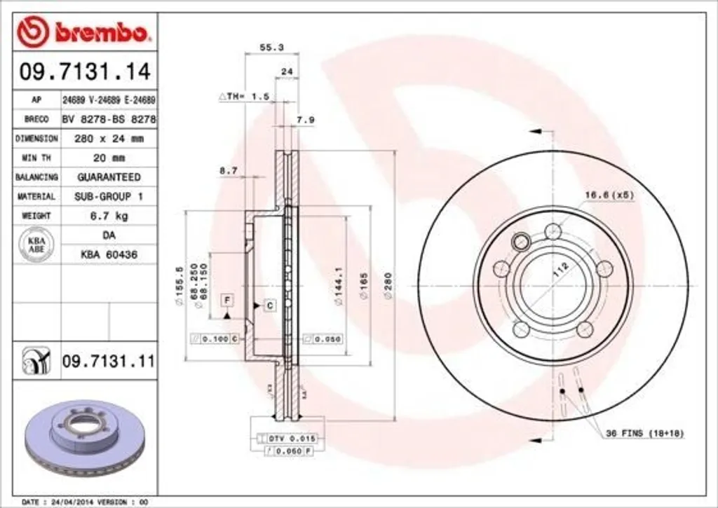 Disque de Frein Brembo 09.7131.14 pour VW T4 - Remplacement OE 701615301F
