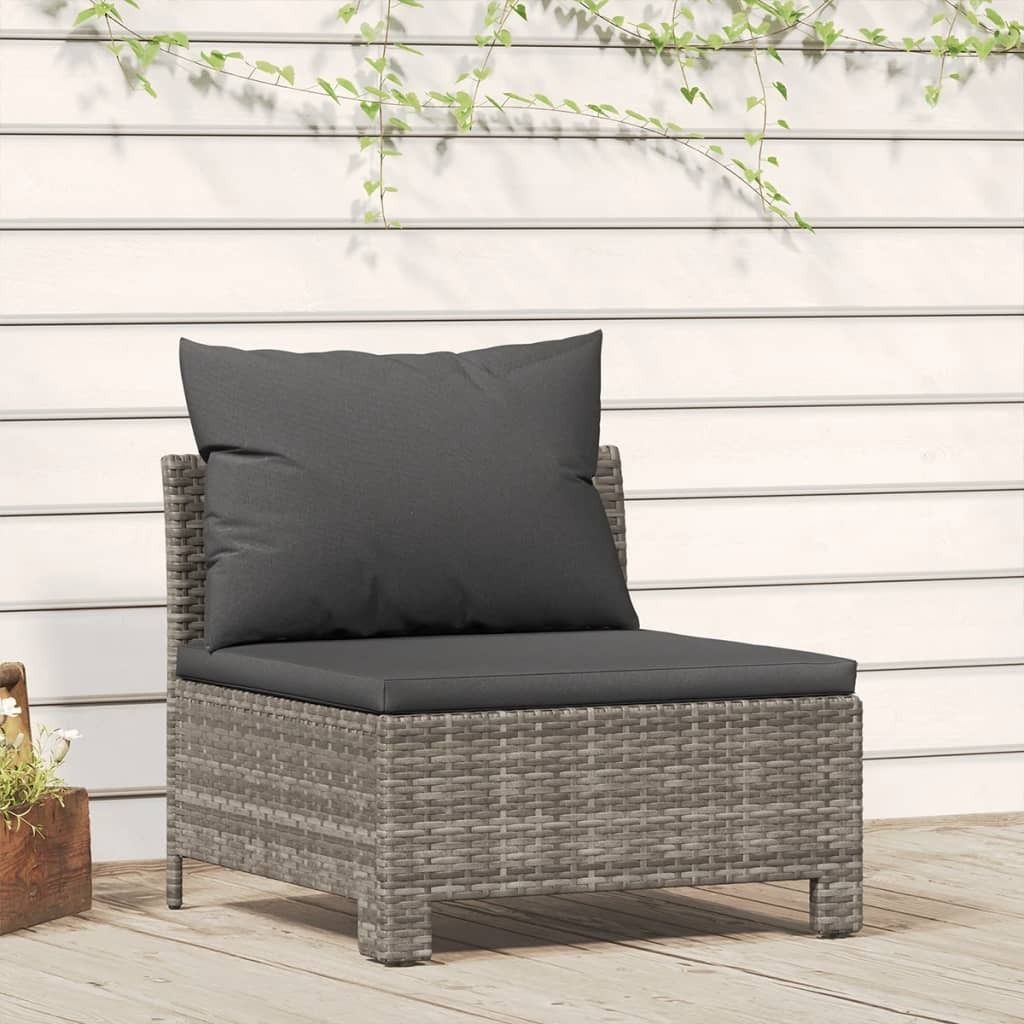 The Living Store Garten-Mittelsofa mit Kissen Grau Poly Rattan