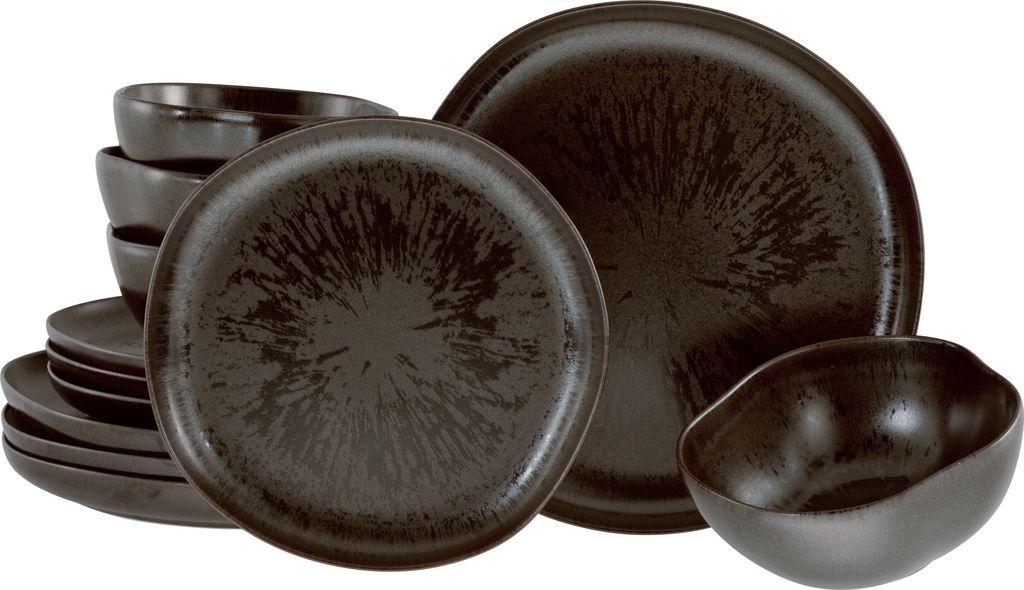 A set of dark brown stoneware plates and bowls are stacked and arranged.