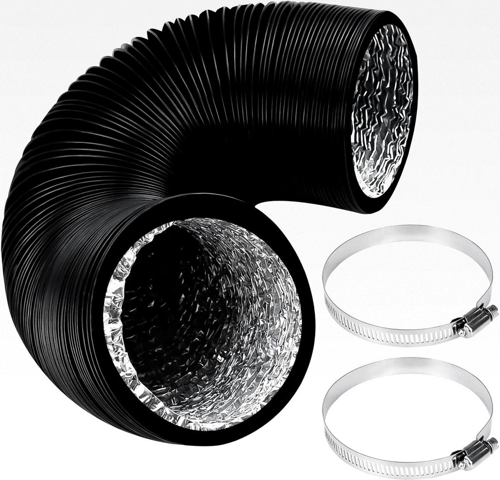 125mm Abluftrohr, 2,5m PVC Abluftschlauch, schwarzer flexibler Schlauch mit 2 Edelstahl-Schlauchschellen für mobile Klimaanlagen, Trockner, Abluft...