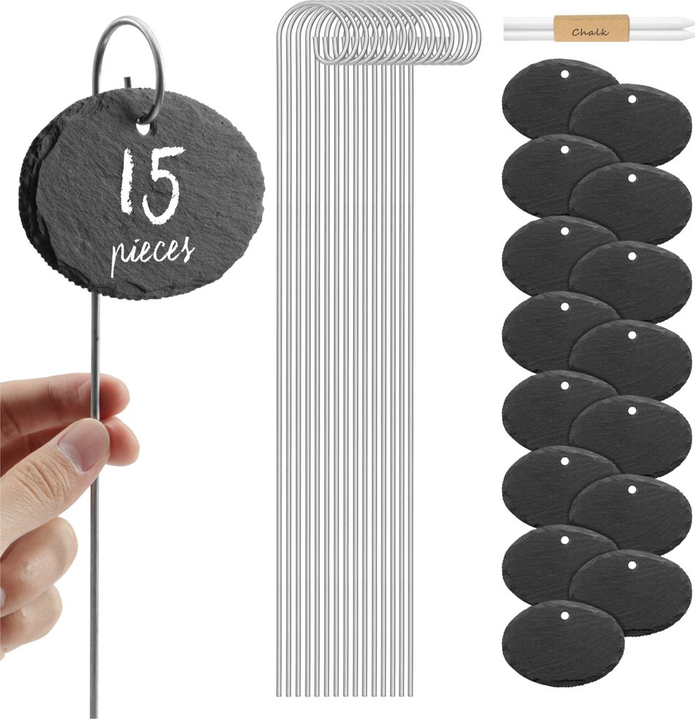 Navaris 15x Schiefer Pflanzenschilder mit 40cm Metallstab - mit Kreide - 10 x 7cm - Pflanzenstecker zum Beschriften - Garten Schiefertafel Schilder -