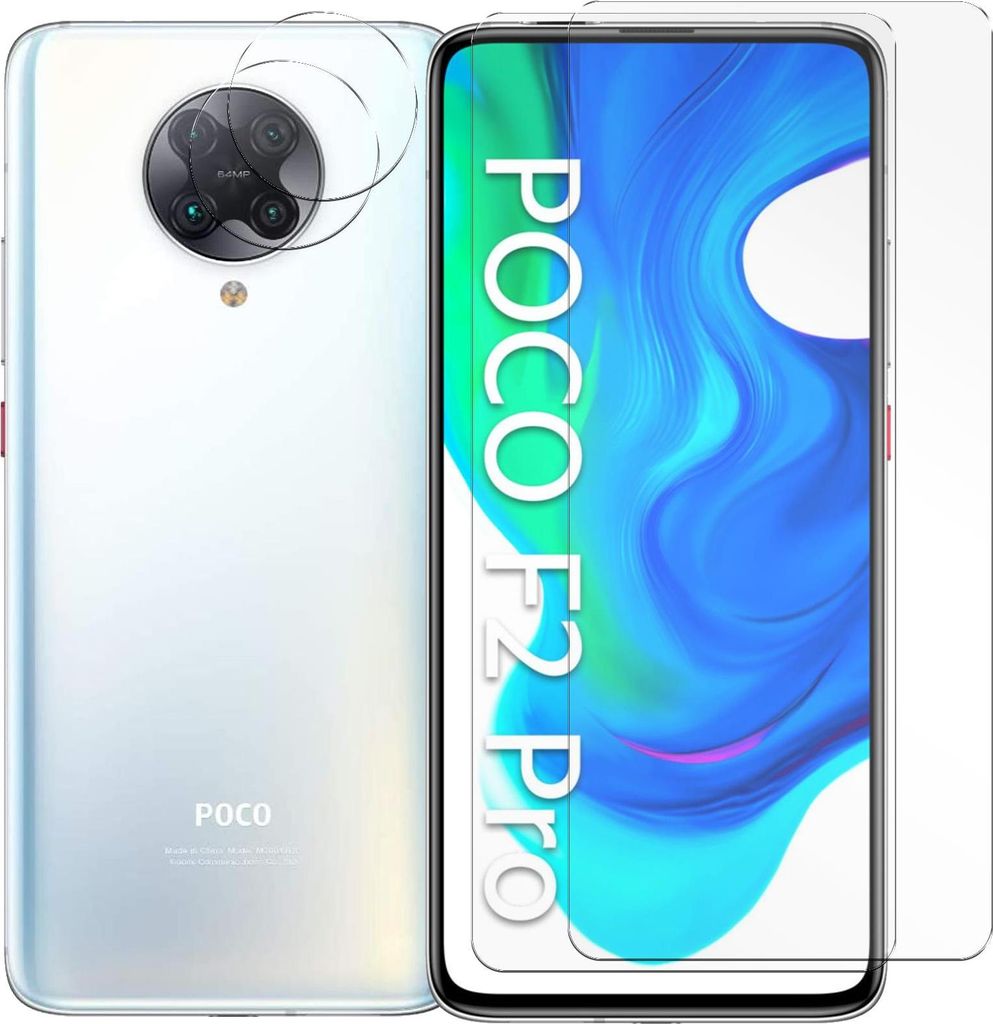 A white smartphone with a circular camera module on the back is shown next to a screen protector. The screen protector has the text "POCO F2 Pro" printed on it.