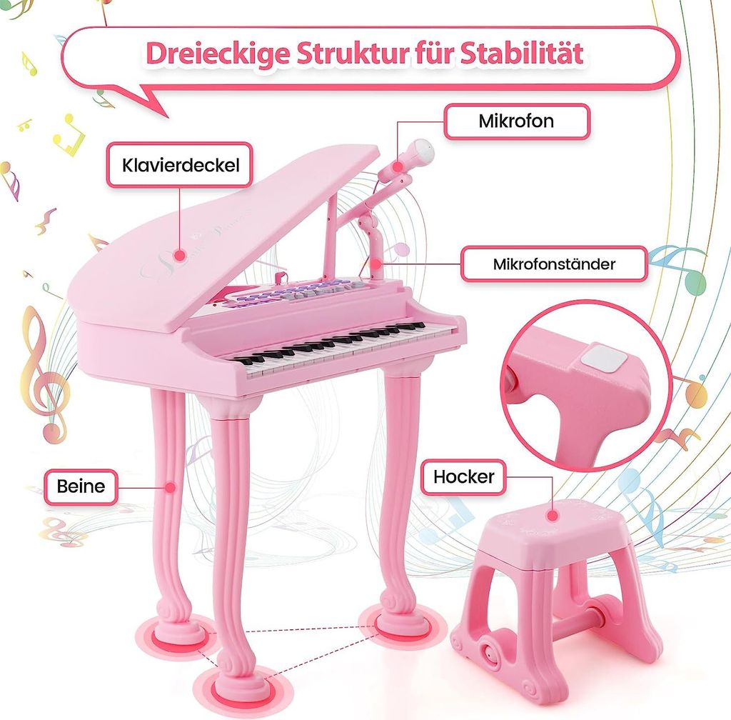 COSTWAY dětský keyboard s 37 klávesami a stoličkou, Obrázek produktu 2