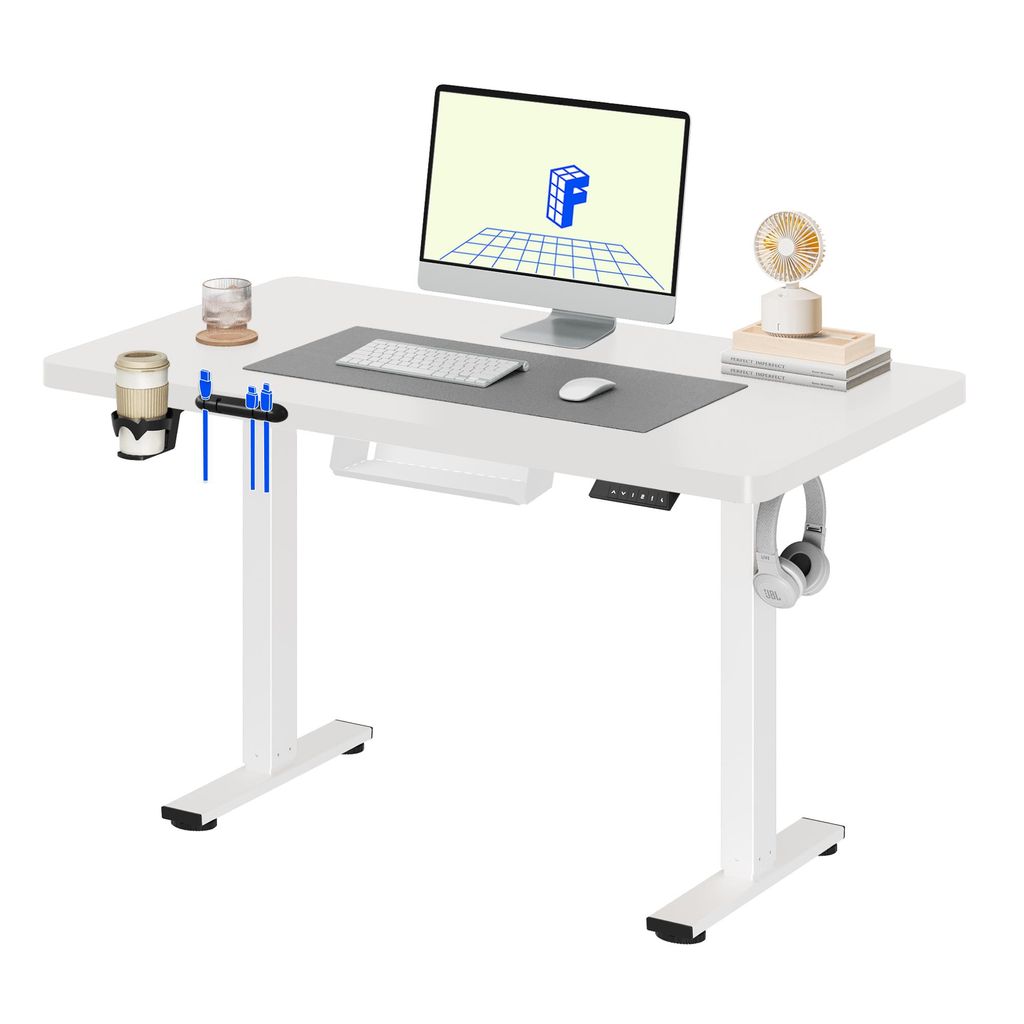FLEXISPOT QE1 Höhenverstellbarer Schreibtisch 110x54cm, 4 Memory-Funktion, Antikollisionsschutz, 70kg Tragkraft, Haken, Kabelmanagement (Weiß)