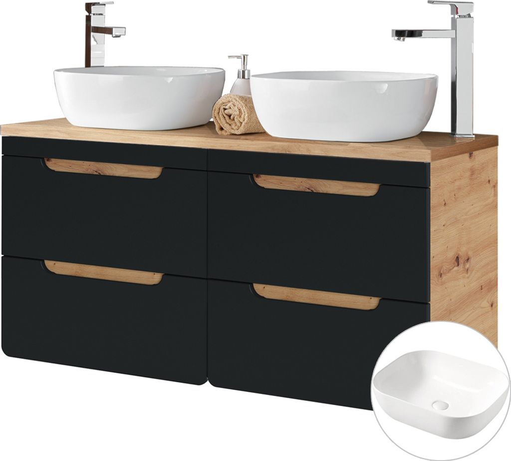Doppel-Waschtischunterschrank 120 cm mit Keramik-Aufsatzbecken NEW-LUTON seidenmatt anthrazit mit Wotan Eiche Nb. B/H/T ca. 121/76,5/46 cm