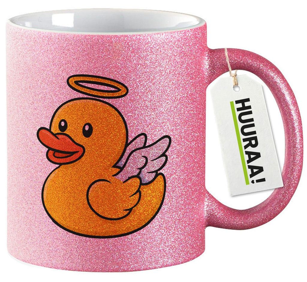 Huuraa Glitzertasse Quietscheente Engel Gummiente Angel 330ml Pink Keramik Kaffeebecher Geschenkidee