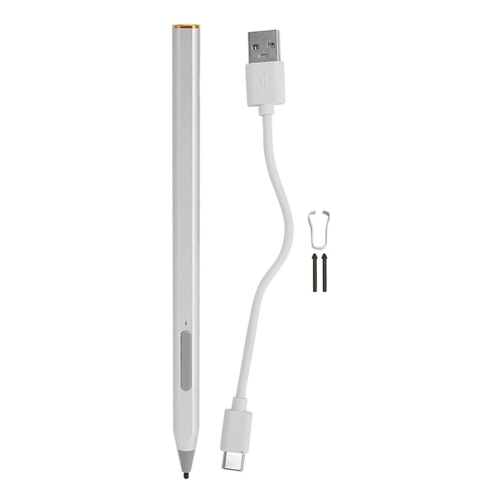 A white stylus pen, a white USB-C charging cable, and two small black nibs are laid out on a white background.