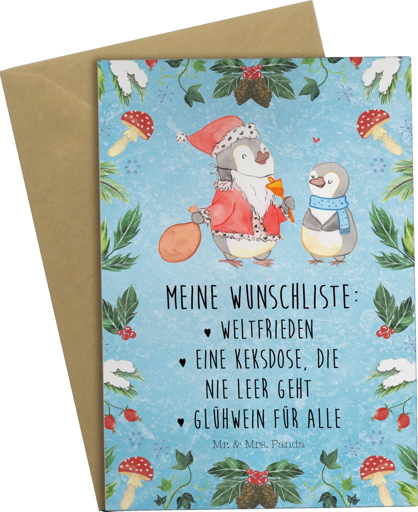 Mr. & Mrs. Panda Grußkarte Pinguin Wunschliste - Eisblau - Geschenk, weihnachtskarten, Weihnachten, dankeskarten, Grußkarten, Klappkarte, babykar...